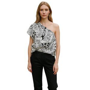 Thomas Wylde One Shoulder Silk Skull and Rose Blouse Top Extra Small XS